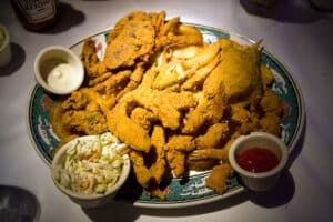 Fresh Gulf seafood platter with oysters and shrimp
