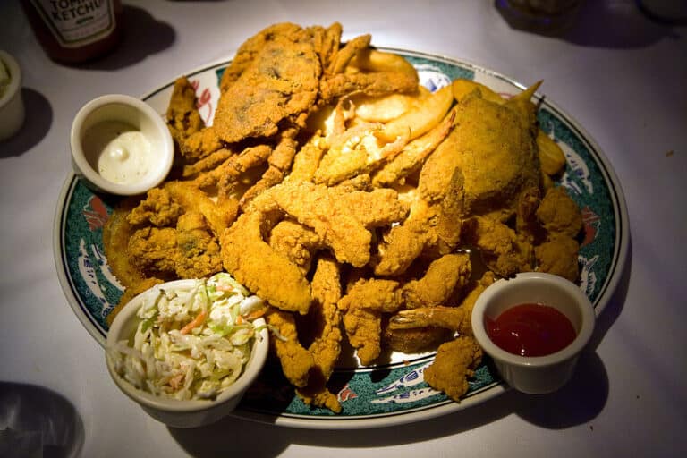 Fresh Gulf seafood platter with oysters and shrimp