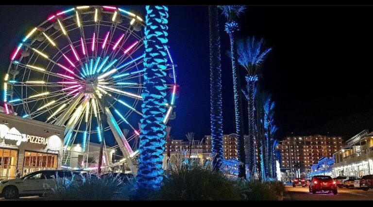 Illuminated Ferris wheel at The Wharf in Orange Beach, Alabama