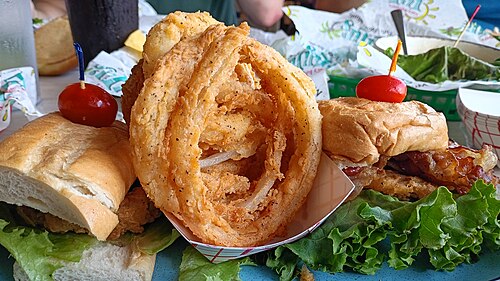Fried green tomato BLT and onion rings at LuLu's Gulf Shores