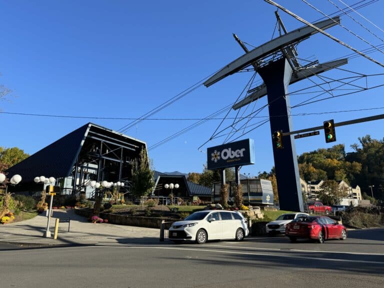 Ober Gatlinburg aerial tramway station and sign in downtown Gatlinburg