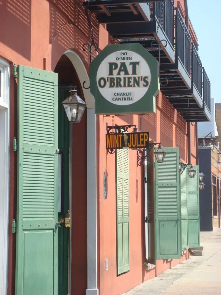 Pat O'Brien's sign and green shuttered facade at Universal CityWalk Orlando