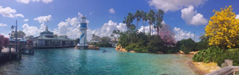 SeaWorld Orlando lagoon and lighthouse landmark