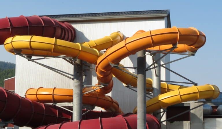 Colorful water slides at an outdoor water park