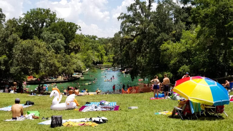 Swimmers and sunbathers at the spring-fed swimming area of Wekiwa Springs State Park